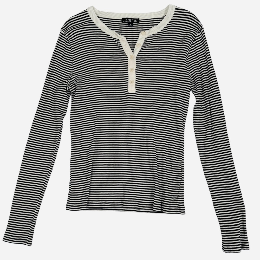 J.Crew Vintage Rib‎ Long Sleeve Henley T Shirt Women S Black White Striped BW009